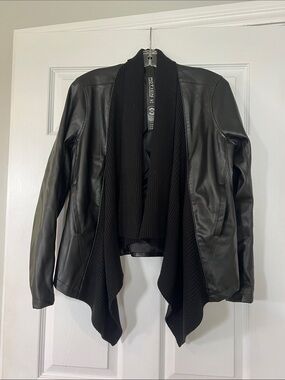 Motionwear Black Faux Leather Open Front Drape Jacket